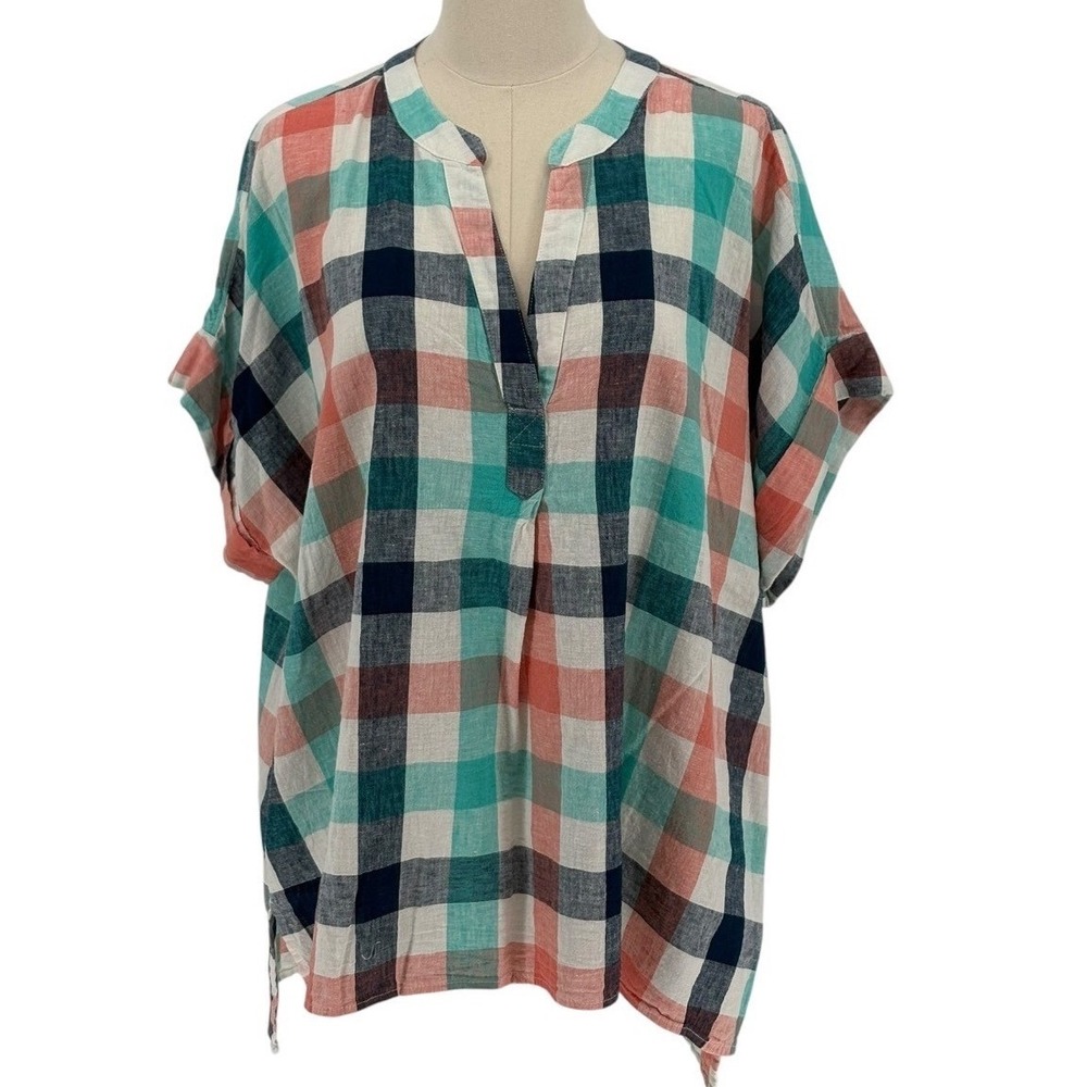 St. John's Bay Linen Blend Teal, Navy, & Coral Gingham Patterned Shirt Size XXL